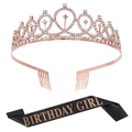 Birthday set with rose gold rhinestone tiara and black Birthday Girl satin sash - FG092 Birthday Girl Set