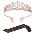 Birthday Queen set featuring rose gold crystal crown and black satin sash decoration - FG092 Birthday Queen Set