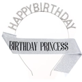 Silver Birthday Princess set with rhinestone crown headband and glitter sash for parties - Silver With Black Text