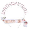 Set cerchietto e fascia Birthday Girl con strass rosa per decorazione festa compleanno - Rosa (FG110+JD019)