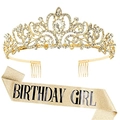 Conjunto de banda dorada de Birthday Girl y tiara de cristal brillante para mujeres - Dorado Birthday Girl