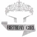 Set de cumpleaños plateado con tiara de diamantes y banda brillante de gala - Plata-BIRTHDAY GIRL