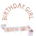 Roségoldenes Strass Birthday Girl Haarband mit weißer Satinschärpe und Blumenmuster - Birthday Girl Haarreif Und Schärpe (FG084+JD019) / Champagner