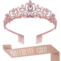 Conjunto de banda rosa dorado Birthday Girl con purpurina y tiara de strass brillante - Oro Rosa Iridiscente Birthday Girl