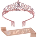 Rose gold Birthday Queen sash and glittering crystal tiara set for women celebrations - Rose Gold Rainbow Birthday Queen