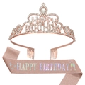 Detailed view of rose gold birthday tiara with rhinestones and matching glitter sash - Rose Gold Tiara And Rose Gold Glitter Iridescent Letter Sash
