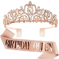 Rose gold Birthday Queen sash and glittering crystal tiara crown birthday party set - Rose Gold Birthday Queen