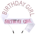 Rosa Strass-Haarreif Birthday Girl mit weißer Schärpe für Geburtstagsfeiern im Set - Weiß Rosa Set
