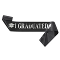 Detail of black satin graduation sash featuring silver I GRADUATED text and academic icons - I Graduated Black Silver (JD064)