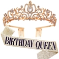 Birthday Queen set featuring golden glitter sash and rhinestone tiara for women - Gold Birthday Queen