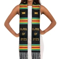 Detail of Class of 2025 Kente graduation stole with gold embroidery and fringe trim - Class of 2025 Style