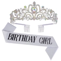 Silver Birthday Girl kit with glittering sash and crystal rhinestone crown tiara set - Silver AB Tiara and Silver Birthday Girl
