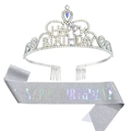 Detail view of silver sparkling birthday sash and crystal rhinestone crown set - Silver AB Rhinestone Tiara And Silver Glitter Iridescent Letter Sash