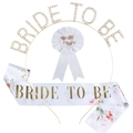 3-teiliges Bride to Be Party-Set mit Strass-Haarreif, Anstecker und Satin-Schärpe - Gold-Stil