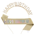 Sparkling champagne gold Birthday Princess tiara headband and glitter sash set for parties - Holographic Gold A