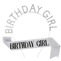 Silver birthday girl set including sparkling rhinestone headband and glitter satin sash - Silver Jewelry Set