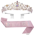 Pink glitter Birthday Girl sash and silver crystal tiara set with colorful rhinestones - Silver AB Tiara and Pink Birthday Girl