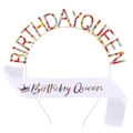 Set Birthday Queen con tiara de pedrería multicolor y banda de satén blanco con degradado - Diadema Oro Con Banda Rosa (fg111 + JD013 Color Dos)