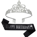 Detailed set of silver rhinestone crown and black birthday girl sash for parties - Silver Tiara And Black Satin Sash