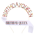 Diadema Birthday Queen de cristales arcoíris y banda de satén blanco para fiestas - Diadema Oro Con Banda Blanca (fg111 Multicolor + JD013)