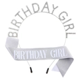 Sparkling silver Birthday Girl rhinestone headband and matching glitter sash set - Silver White Glitter