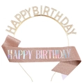 Birthday party set with gold rhinestone headband and rose gold glitter sash kit - Holographic Rose Gold A