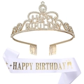 Set corona Happy Birthday dorata e fascia di raso bianco per festa di compleanno - Tiara Dorata E Fascia In Raso Bianco