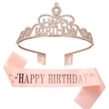Dettaglio corona Happy Birthday oro rosa con fascia in raso rosa e cristalli chiari - Tiara Oro Rosa E Fascia In Raso Champagne