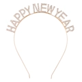 Close-up of sparkling white rhinestones on Happy New Year headband gold metal frame - Gold