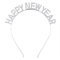 Macro detail of Happy New Year headband featuring sparkling rhinestones on silver metal - Silver