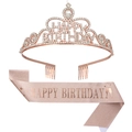 Rose gold Happy Birthday crystal crown and glitter sash set for birthday party decorations - Rose Gold Tiara And Rose Gold Glitter Sash