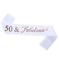 Elegant white satin 50 & Fabulous birthday sash with rose gold lettering and hearts - 50 & Fabulous - Rose Gold Text (AL-653927831552)