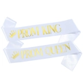 White Prom King and Queen sash set with elegant golden lettering and crown design - White Gold King And Queen (Satin Cloth)