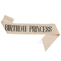 Écharpe d'anniversaire pailletée or champagne avec texte noir Birthday Princess - Style Tissu Pailleté / Fond Doré Avec Lettrage Noir