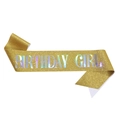 Glittery gold Birthday Girl sash with holographic rainbow lettering for parties - Holographic Bright Gold