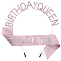 Set aus rosa Birthday Queen Schärpe und Strass-Tiara für die Geburtstagsparty - Einheitsgröße / Irisierendes Rosa