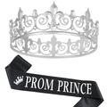 Silver crystal crown with Prom Prince black satin sash set for party celebrations - Prom Prince Silver Black
