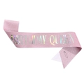 Pink glittery birthday queen sash with shimmering silver holographic lettering and pin - Holographic Queen / Pink
