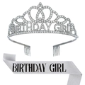 Ensemble diadème d'anniversaire argenté avec strass et écharpe en satin assortie - Couronne Argentée Avec Écharpe Argentée Lettres Noires