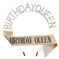Golden Birthday Queen crown with rhinestones and champagne glitter sash set for women - Gold with Black Text