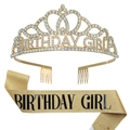 Sparkling gold Birthday Girl set featuring a rhinestone tiara and glitter sash with black text - Gold Crown With Gold Sash Black Letters