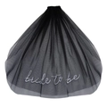 Close-up of black mesh bridal veil with silver embroidered Bride to be cursive text - Black