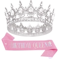 Set fascia rosa glitterata Birthday Queen e corona in strass argentati per feste - Rosa Cangiante