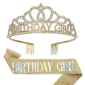 Birthday Girl gold rhinestone tiara and sparkling sash set with safety pin accessory - Gold Crown + Deep Gold Holographic Sash