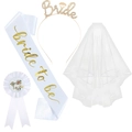 Elegant 4-piece white and gold Bride To Be set with veil, tiara, sash, and badge - Gold