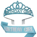 Blue glitter birthday girl sash and crystal tiara crown set for party girls - Holographic Lake Blue
