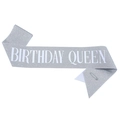 Sparkling silver Birthday Queen sash with white lettering and a silver safety pin - White Letters Queen / Silver