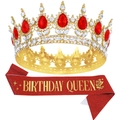Corona dorata con gemme rosse e set coordinato di fascia Birthday Queen - Rosso Con Scritta Oro