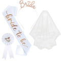 Detailed set of white bridal veil, rose gold Bride headband, sash and bachelorette badge - White With Rose Gold Text / Rose Gold Letters