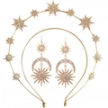 Golden celestial tiara and earrings set with sun, moon, and star rhinestone charms - Gold Jewelry Set